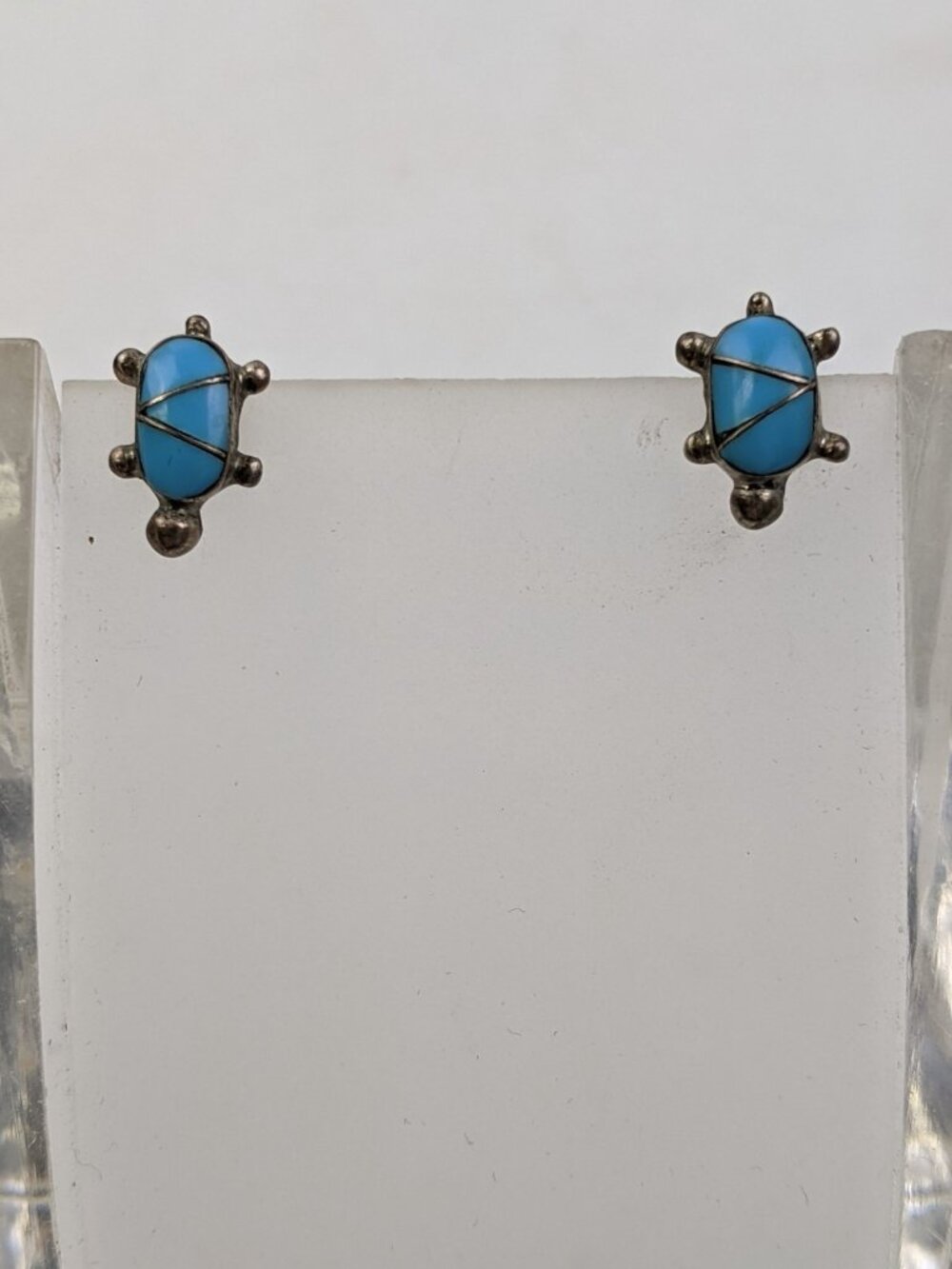 Vintage Southwest Sterling Silver Turquoise Turtle Inlay Post Earrings